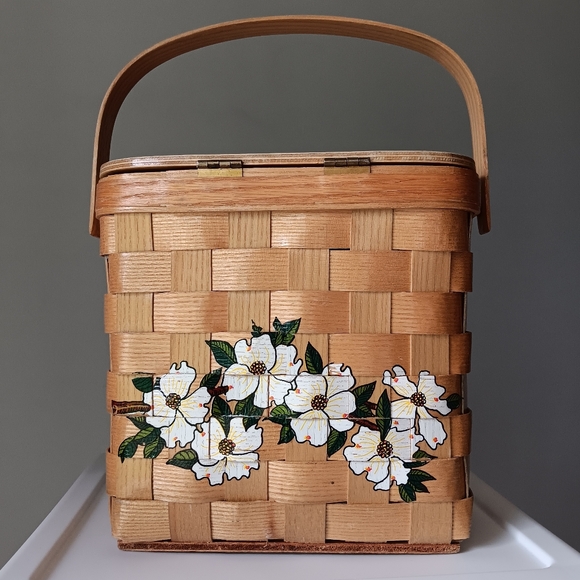 Vintage Signed Caro-Nan Floral Woven Wooden Wicker Basket Bucket Purse White Tan - Picture 3 of 16